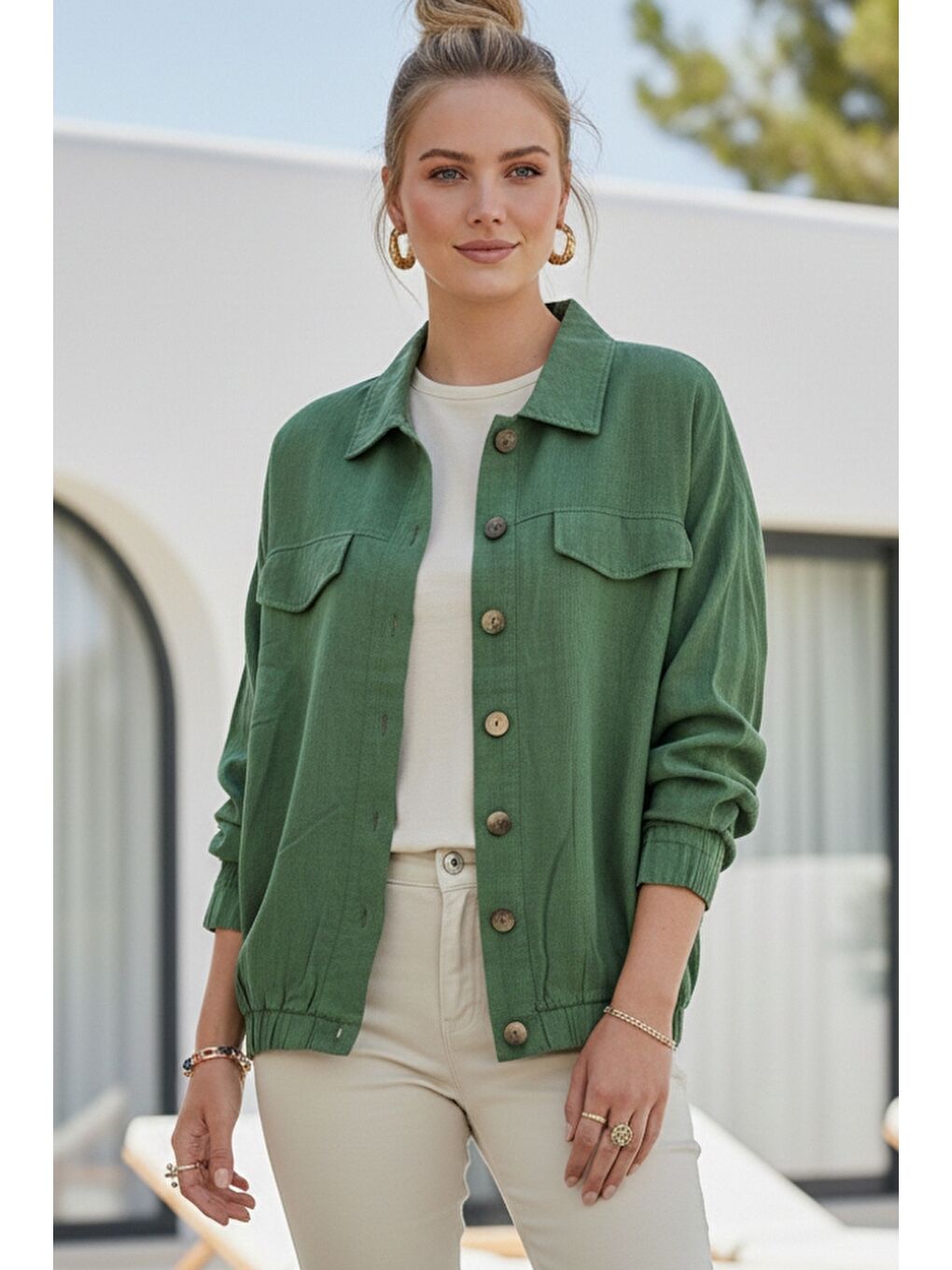Yeşil Gömlek Yaka Manşetli Kollu Çift Kapaklı Cepli Casual Keten Görünümlü Dokuma Ceket 65 65-2