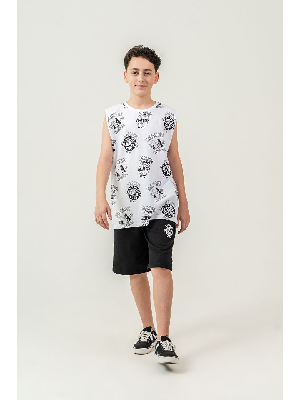 Siyah Üst Atlet Tüm Alan Baskılı Alt Kapri Sol Bacak Baskılı Erkek Çocuk Şort - Atlet Takımı-1
