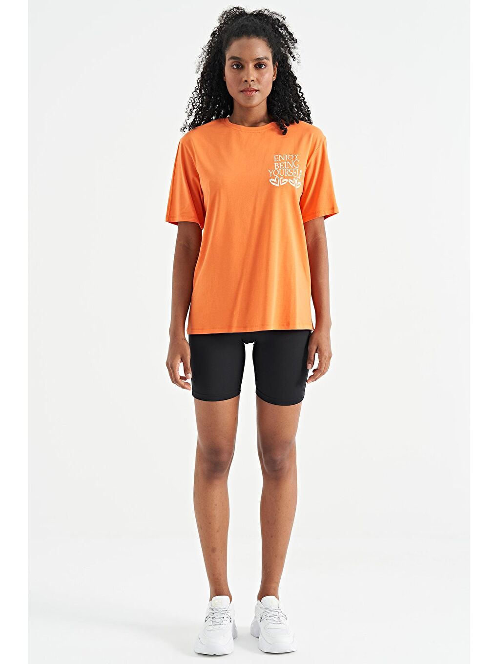 Veryperi Canlı Turuncu Oranj Ön Arka Baskılı O Yaka Kol Kesikli Oversize Kadın T-Shirt - 02267 - 2