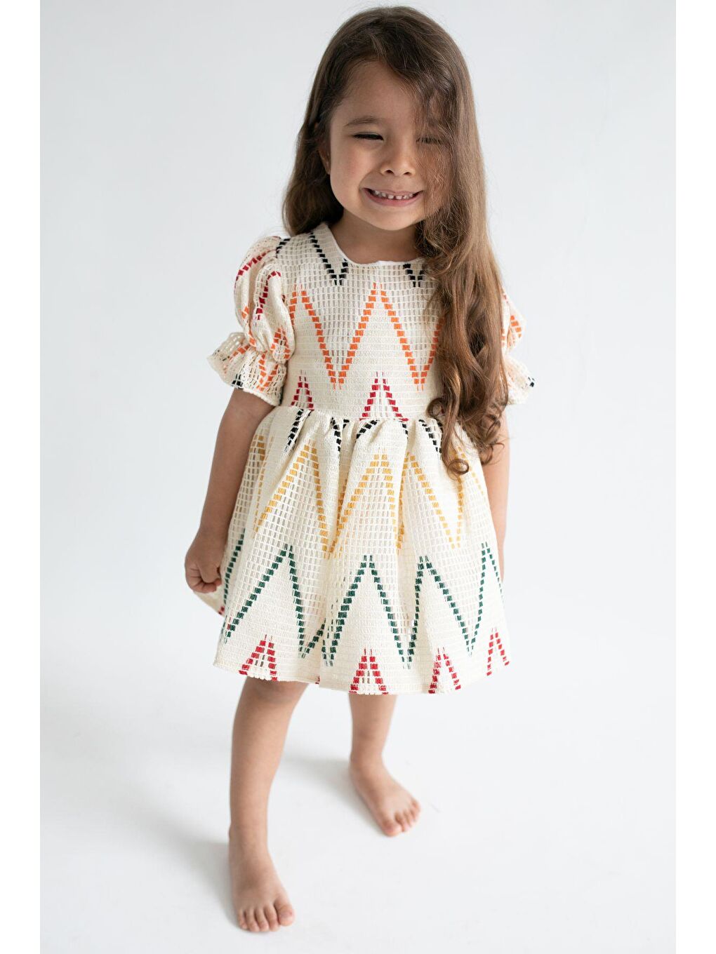 Kız Çocuk Ekru Desenli Astarlı Pamuklu Elbise