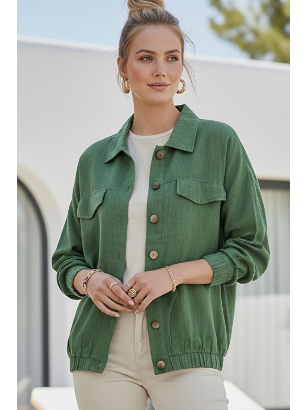 Yeşil Gömlek Yaka Manşetli Kollu Çift Kapaklı Cepli Casual Keten Görünümlü Dokuma Ceket 65 65-3