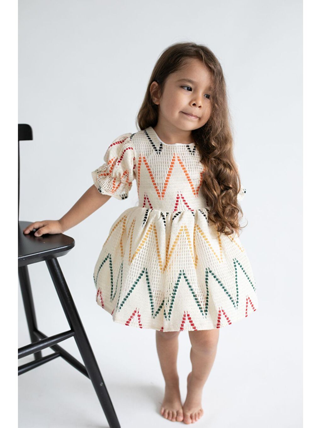 Kız Çocuk Ekru Desenli Astarlı Pamuklu Elbise-2