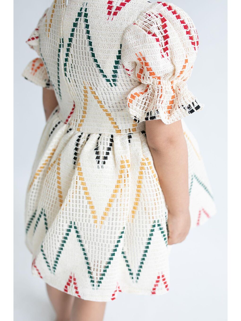 Kız Çocuk Ekru Desenli Astarlı Pamuklu Elbise-4