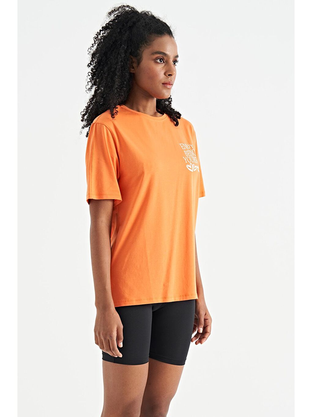 Veryperi Canlı Turuncu Oranj Ön Arka Baskılı O Yaka Kol Kesikli Oversize Kadın T-Shirt - 02267 - 3