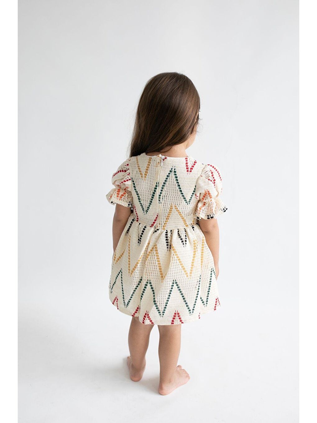 Kız Çocuk Ekru Desenli Astarlı Pamuklu Elbise-5