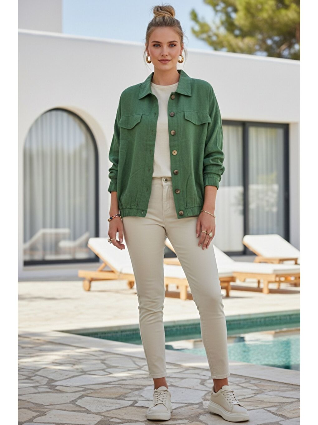 Yeşil Gömlek Yaka Manşetli Kollu Çift Kapaklı Cepli Casual Keten Görünümlü Dokuma Ceket 65 65-4