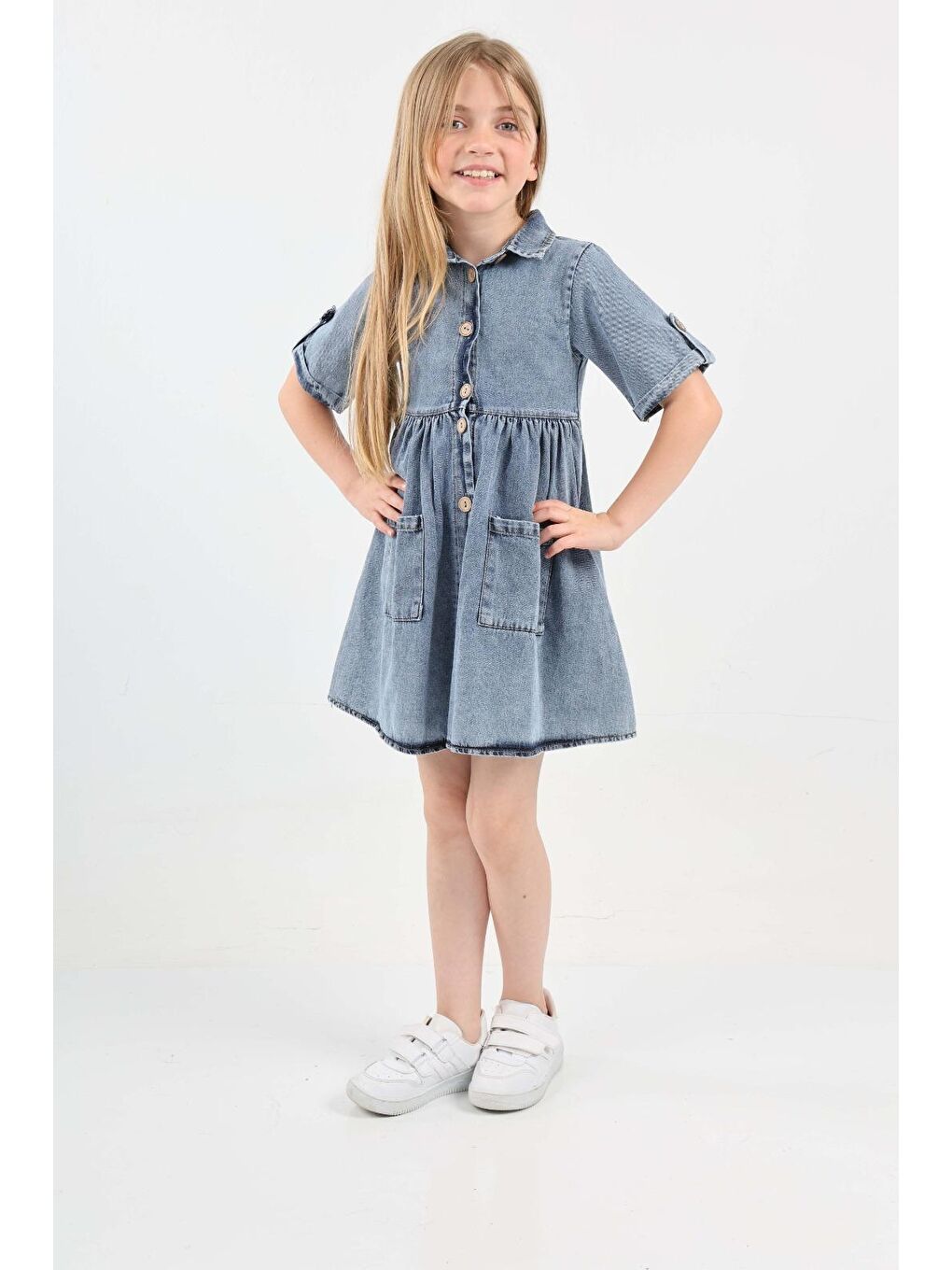 Mavi Kız Çocuk Çift Cepli/Düğme Kapamalı Jean Elbise 12199