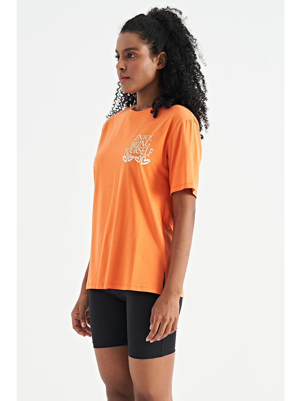 Veryperi Canlı Turuncu Oranj Ön Arka Baskılı O Yaka Kol Kesikli Oversize Kadın T-Shirt - 02267 - 4