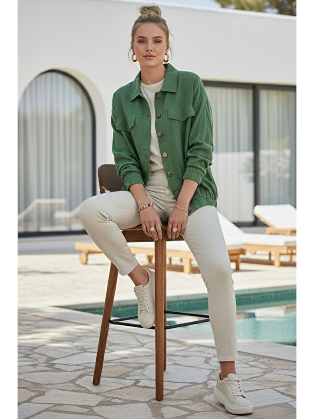 Yeşil Gömlek Yaka Manşetli Kollu Çift Kapaklı Cepli Casual Keten Görünümlü Dokuma Ceket 65 65-5