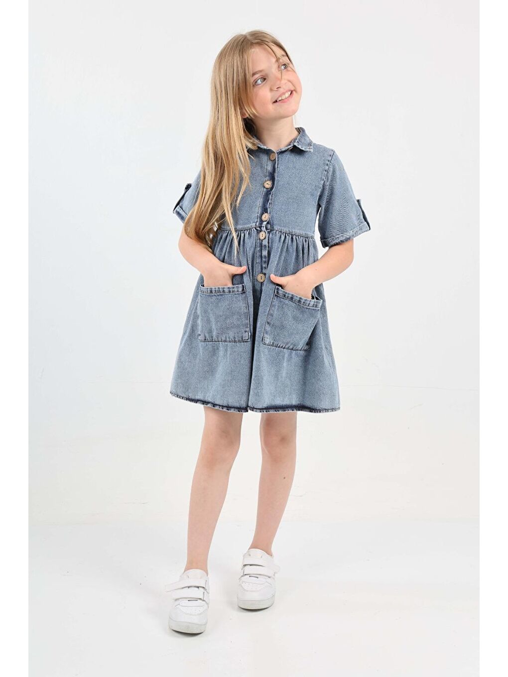 Mavi Kız Çocuk Çift Cepli/Düğme Kapamalı Jean Elbise 12199-1
