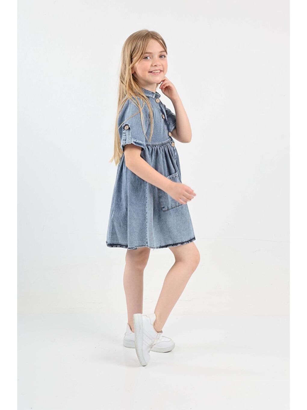 Mavi Kız Çocuk Çift Cepli/Düğme Kapamalı Jean Elbise 12199-2