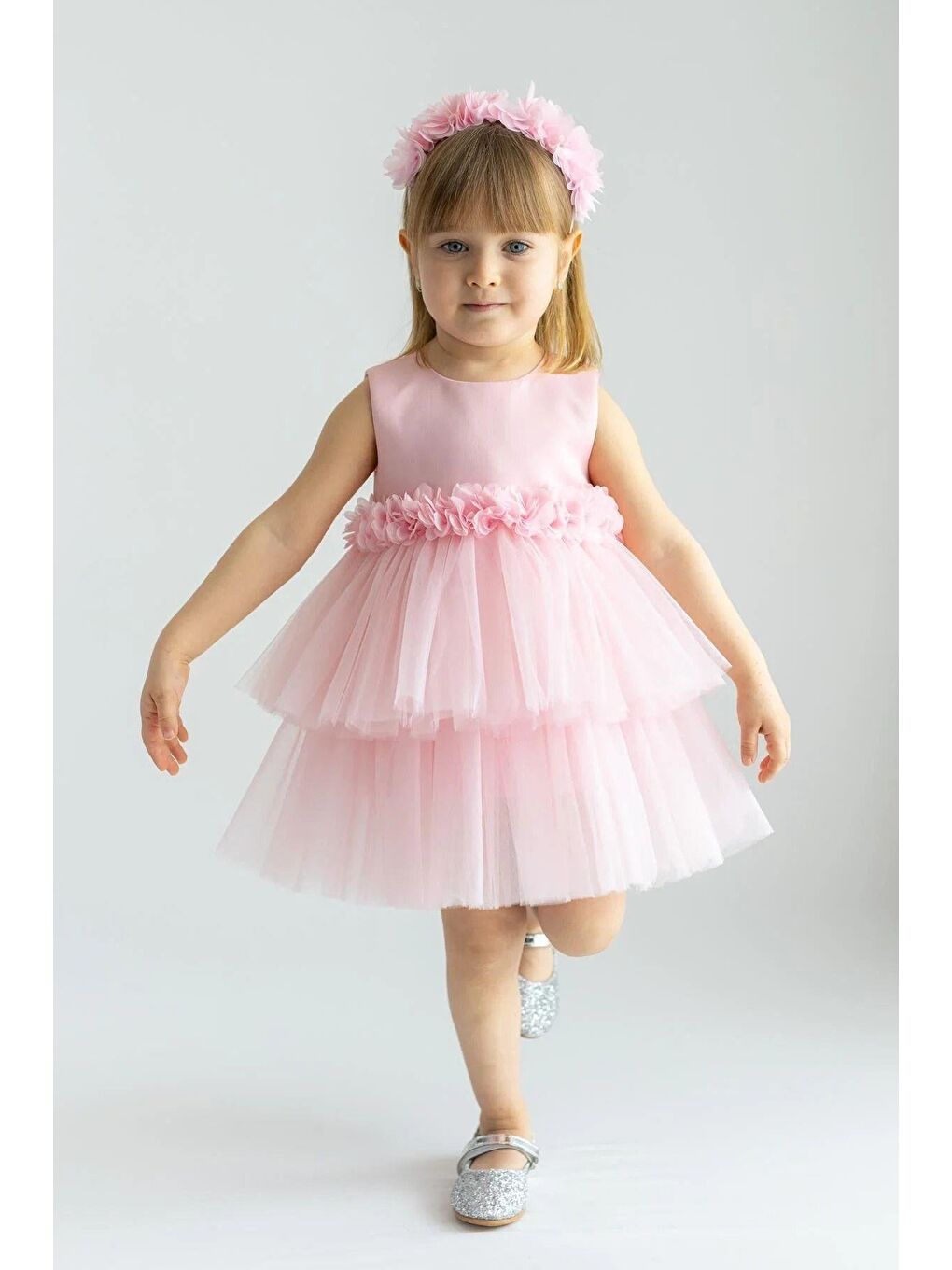 Kız Çocuk Pembe Çiçek Desenli Astarlı Pamuklu Taç Elbise