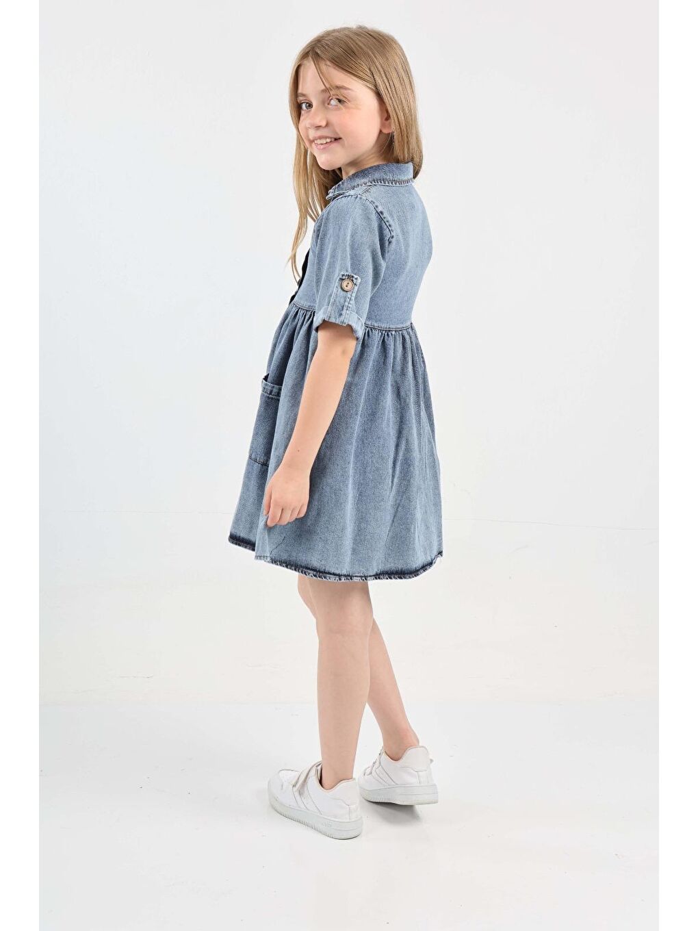 Mavi Kız Çocuk Çift Cepli/Düğme Kapamalı Jean Elbise 12199-3