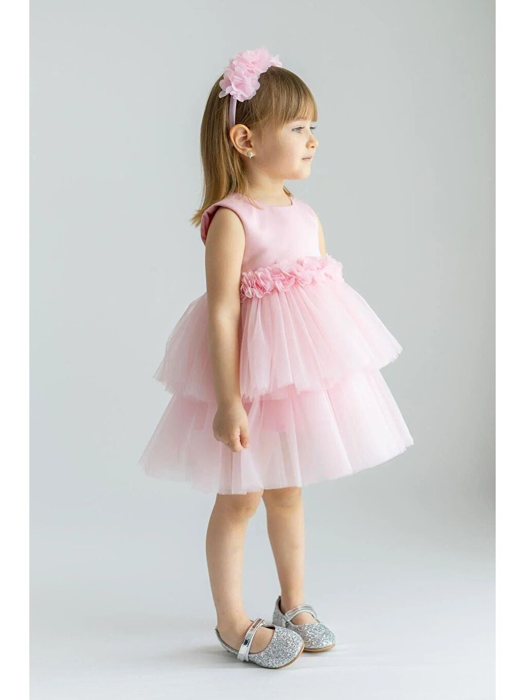 Kız Çocuk Pembe Çiçek Desenli Astarlı Pamuklu Taç Elbise-1