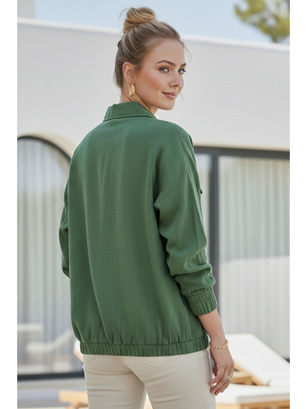Yeşil Gömlek Yaka Manşetli Kollu Çift Kapaklı Cepli Casual Keten Görünümlü Dokuma Ceket 65 65-6