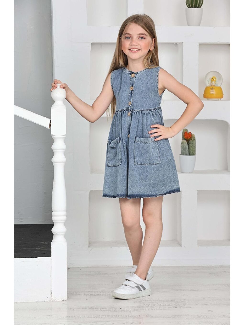 Mavi Kız Çocuk Düğme Kapamalı Jean Elbise 12198