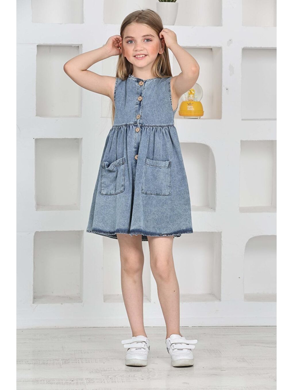 Mavi Kız Çocuk Düğme Kapamalı Jean Elbise 12198-2