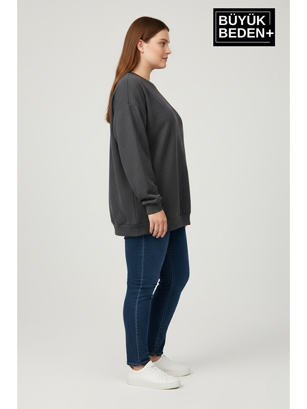 Antrasit Kadın Büyük Beden Bisiklet Yaka Kollar ve Etek Ribanalı İnce Sweatshirt SPR26BSWK956-1