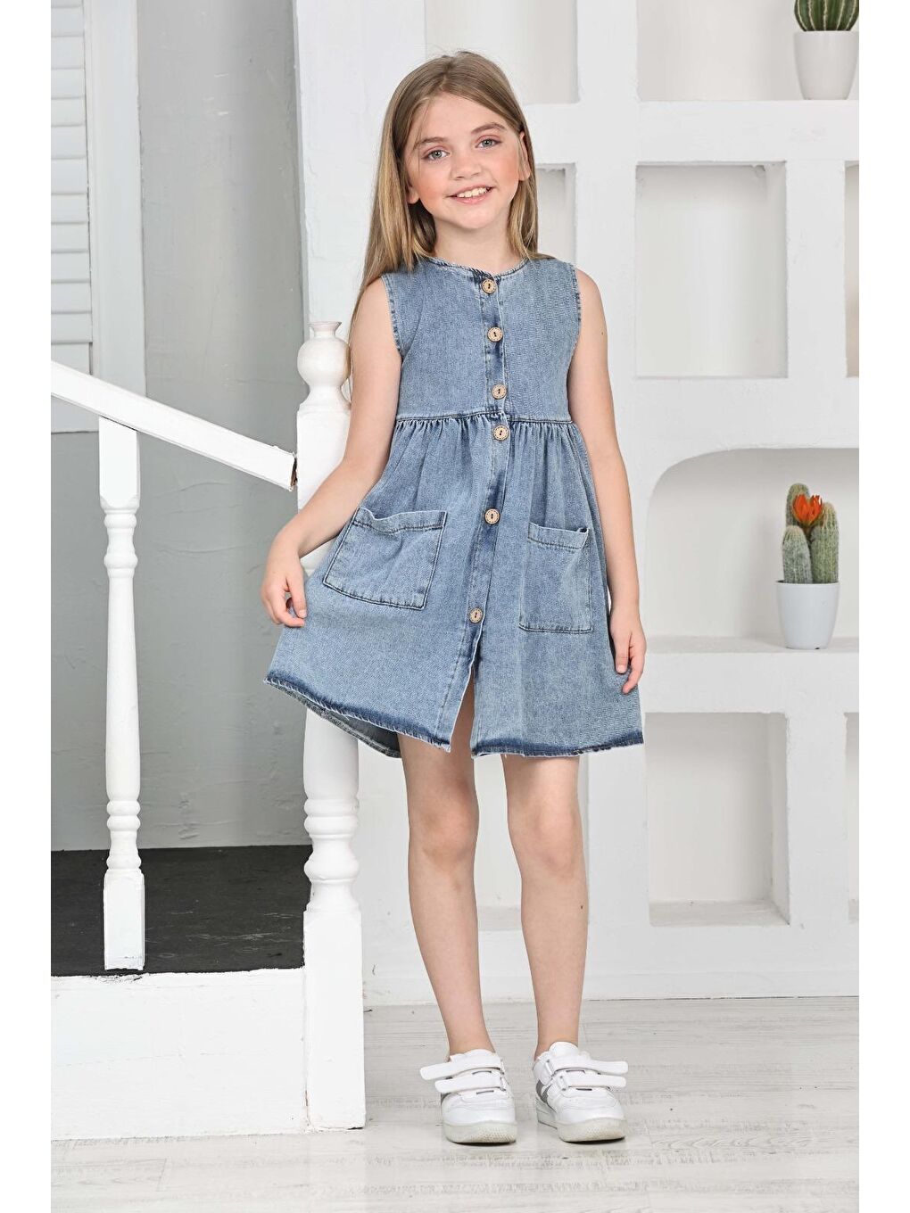 Mavi Kız Çocuk Düğme Kapamalı Jean Elbise 12198-3