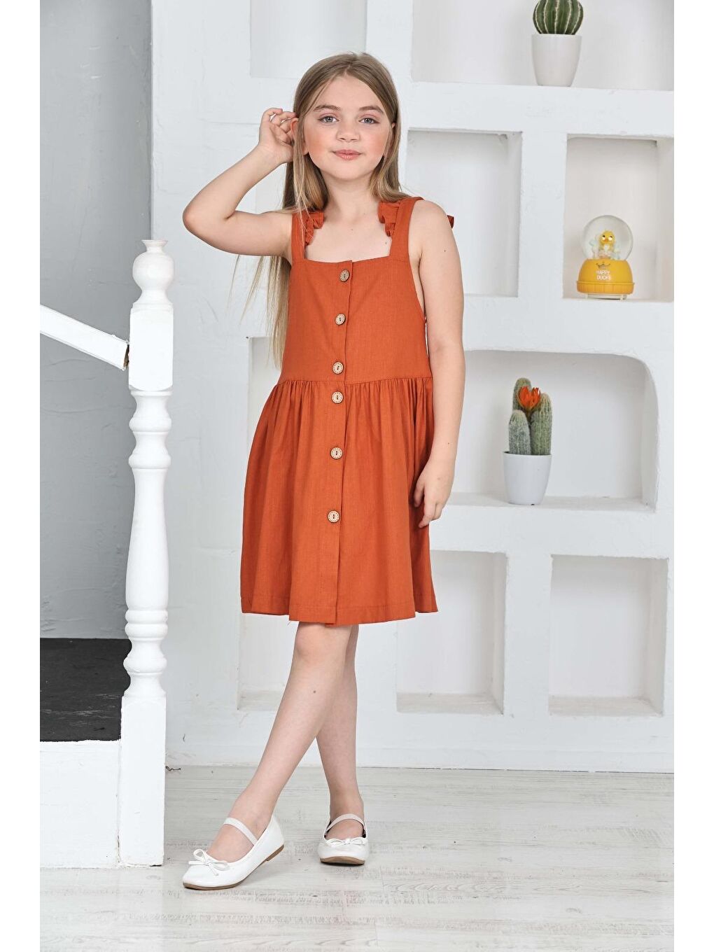 Kahverengi Kız Çocuk %100 Pamuk Keten Elbise 12197