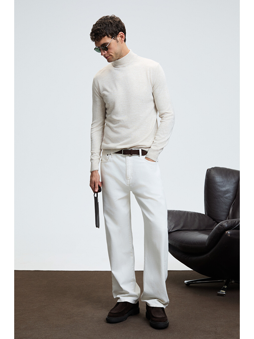 Rebel Erkek Yarım Balıkçı Yaka Basic Slim Fit Triko Bej Kazak-1