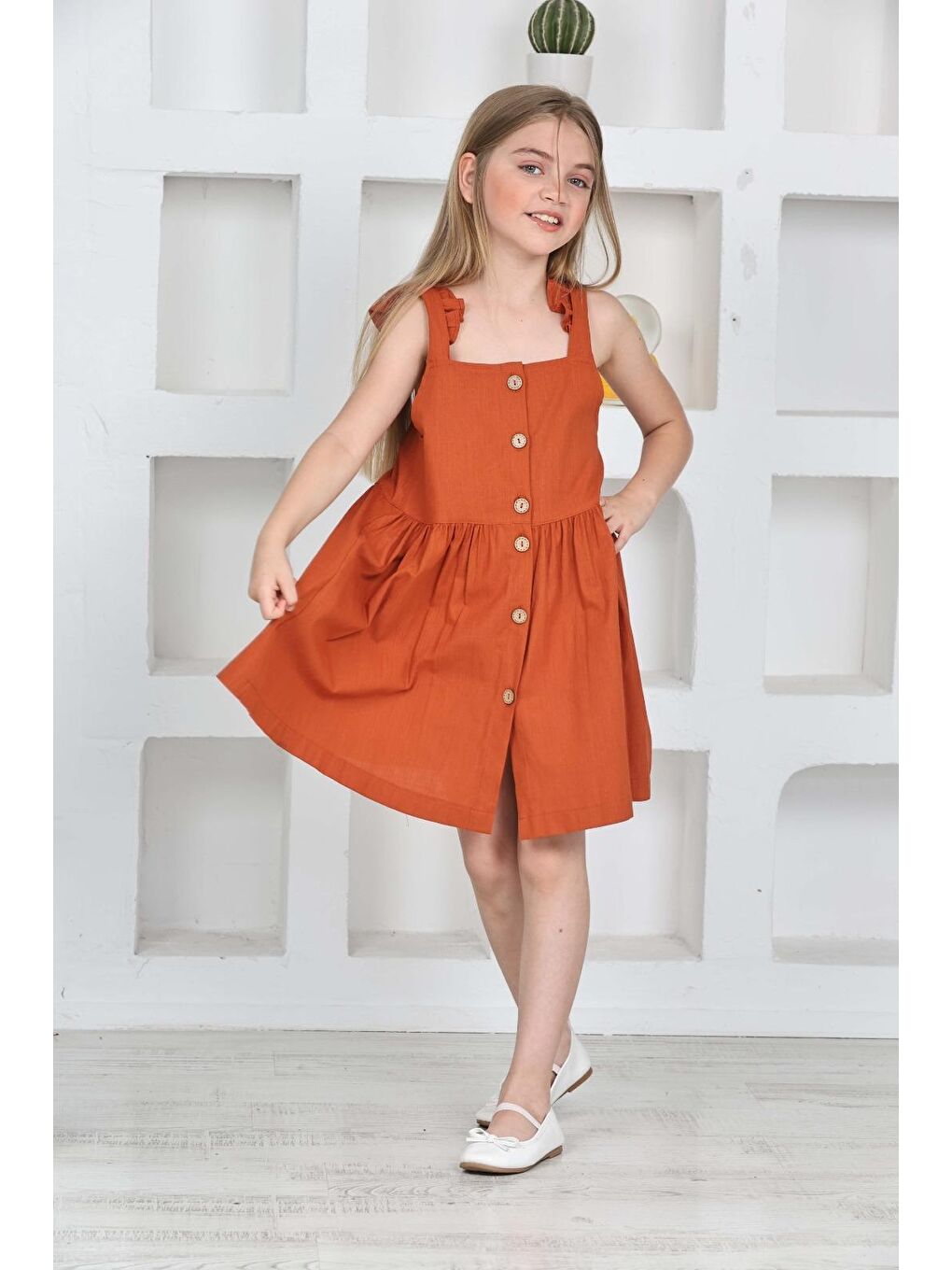 Kahverengi Kız Çocuk %100 Pamuk Keten Elbise 12197-1