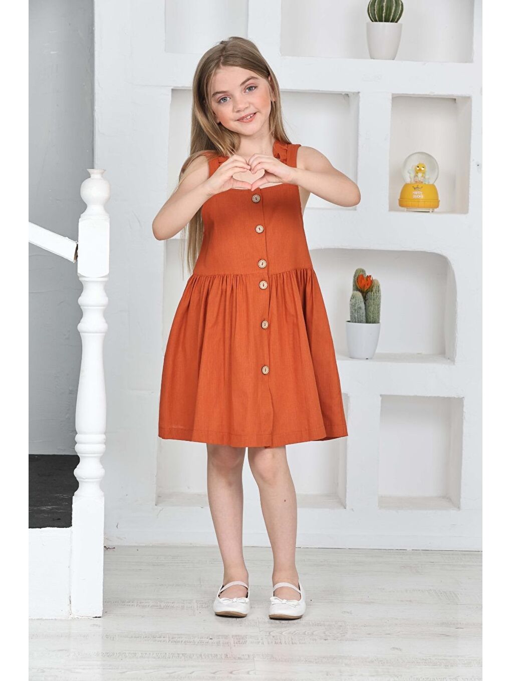 Kahverengi Kız Çocuk %100 Pamuk Keten Elbise 12197-2