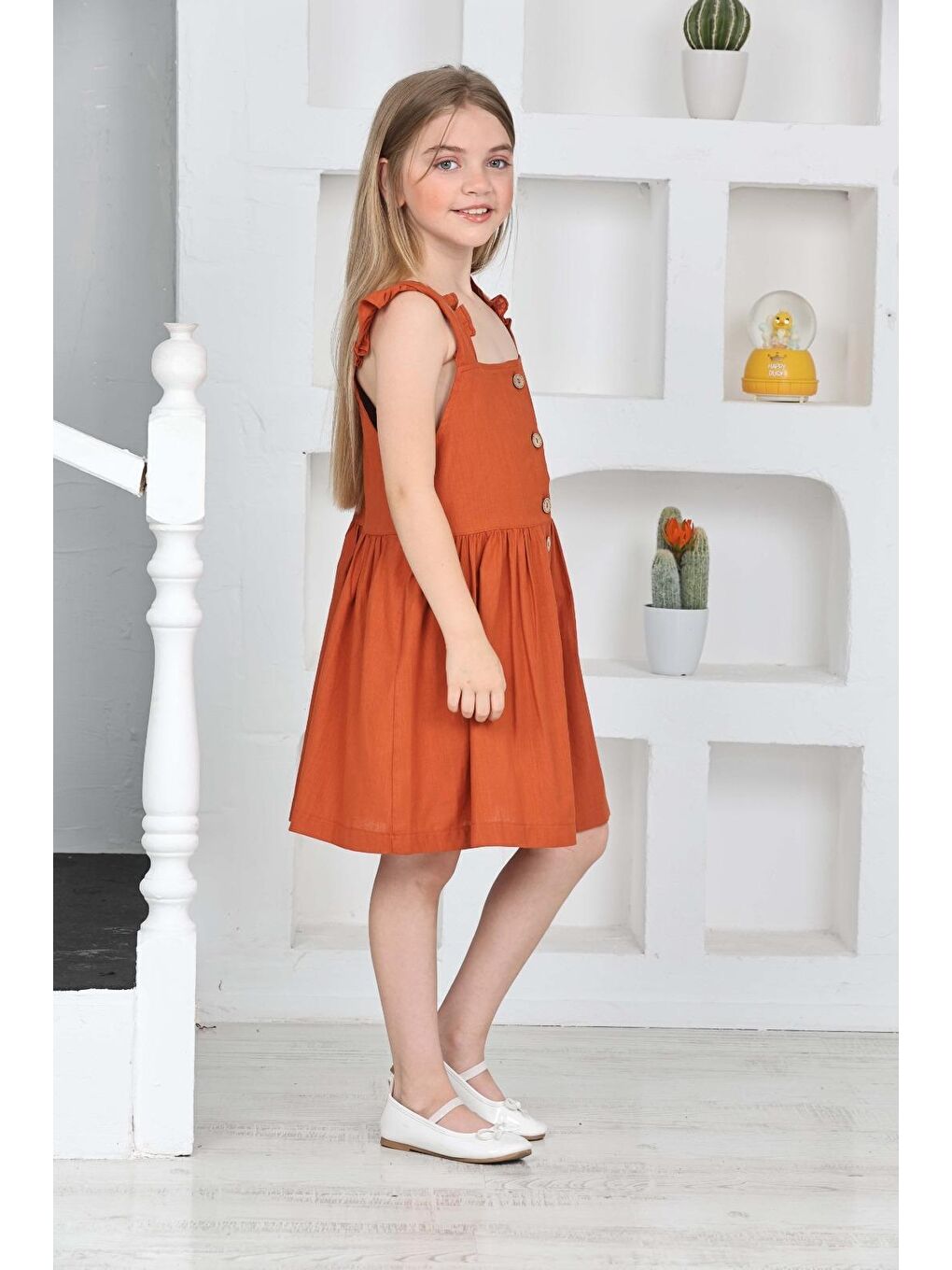 Kahverengi Kız Çocuk %100 Pamuk Keten Elbise 12197-3