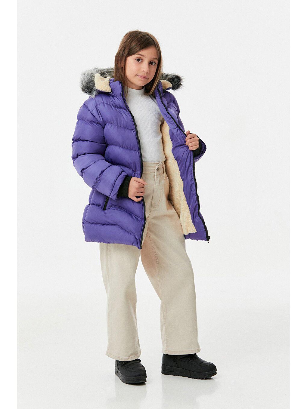 Mor Cebi Fermuarlı Kız Çocuk Şişme Mont-1
