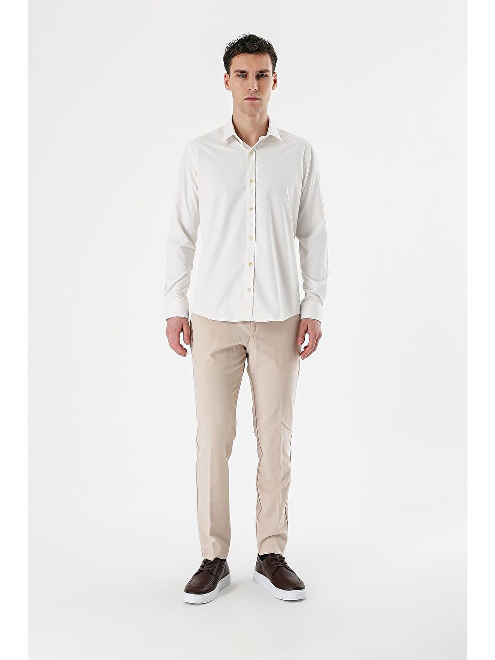 Kahverengi Açık Krem Uzun Kollu Armürlü Cepsiz Pamuklu Elastanlı Slim Fit Dar Kesim Gömlek 1004240193-1