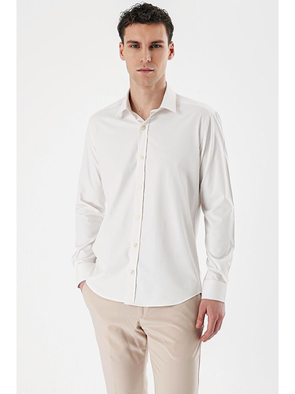 Kahverengi Açık Krem Uzun Kollu Armürlü Cepsiz Pamuklu Elastanlı Slim Fit Dar Kesim Gömlek 1004240193-2