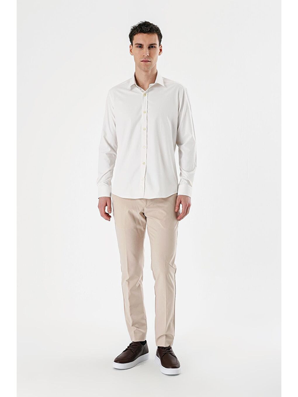Kahverengi Açık Krem Uzun Kollu Armürlü Cepsiz Pamuklu Elastanlı Slim Fit Dar Kesim Gömlek 1004240193-3
