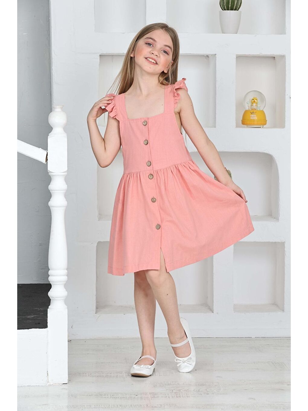 Pembe Kız Çocuk %100 Pamuk Keten Elbise 12197