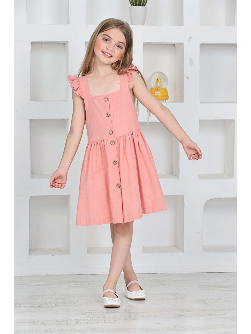 Pembe Kız Çocuk %100 Pamuk Keten Elbise 12197-1
