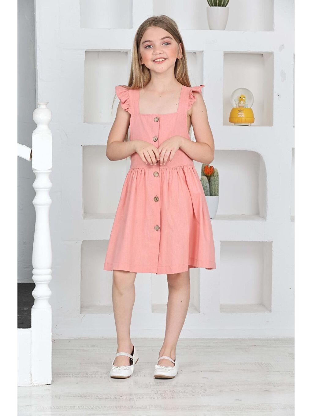 Pembe Kız Çocuk %100 Pamuk Keten Elbise 12197-2