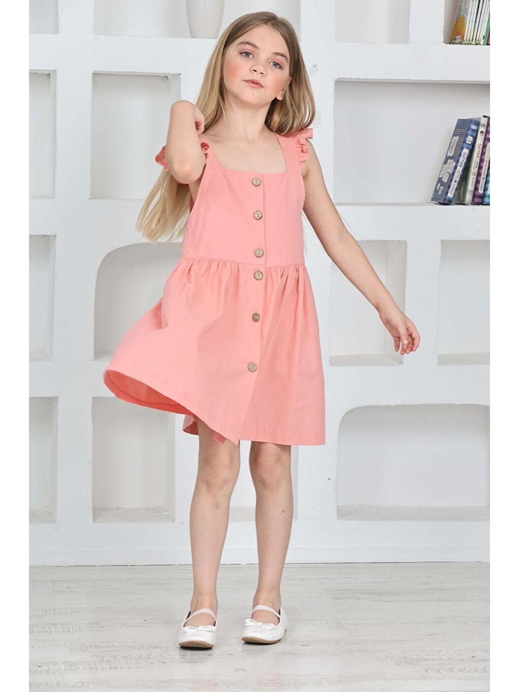 Pembe Kız Çocuk %100 Pamuk Keten Elbise 12197-3