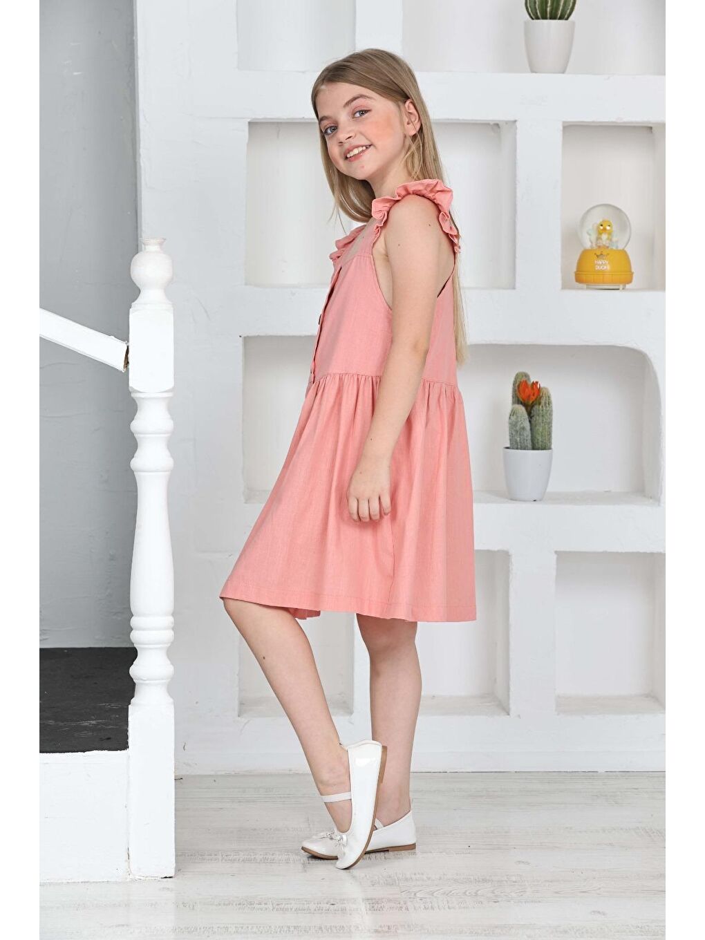 Pembe Kız Çocuk %100 Pamuk Keten Elbise 12197-4