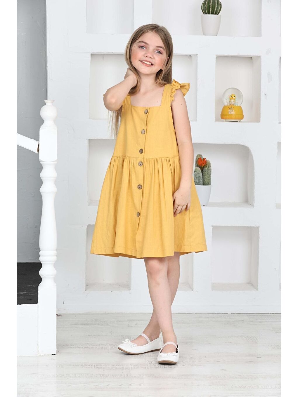 Sarı Kız Çocuk %100 Pamuk Keten Elbise 12197-1
