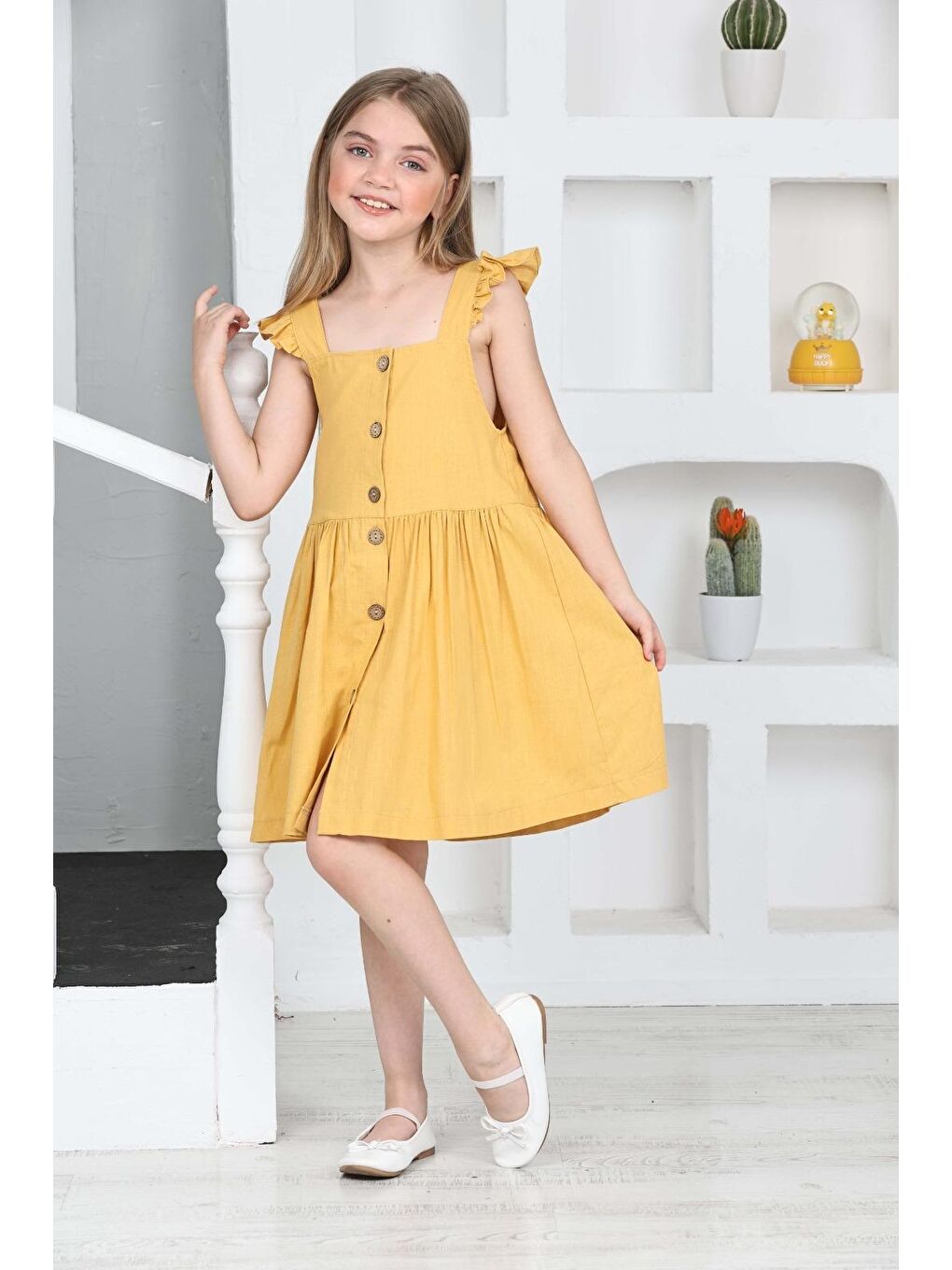 Sarı Kız Çocuk %100 Pamuk Keten Elbise 12197-2