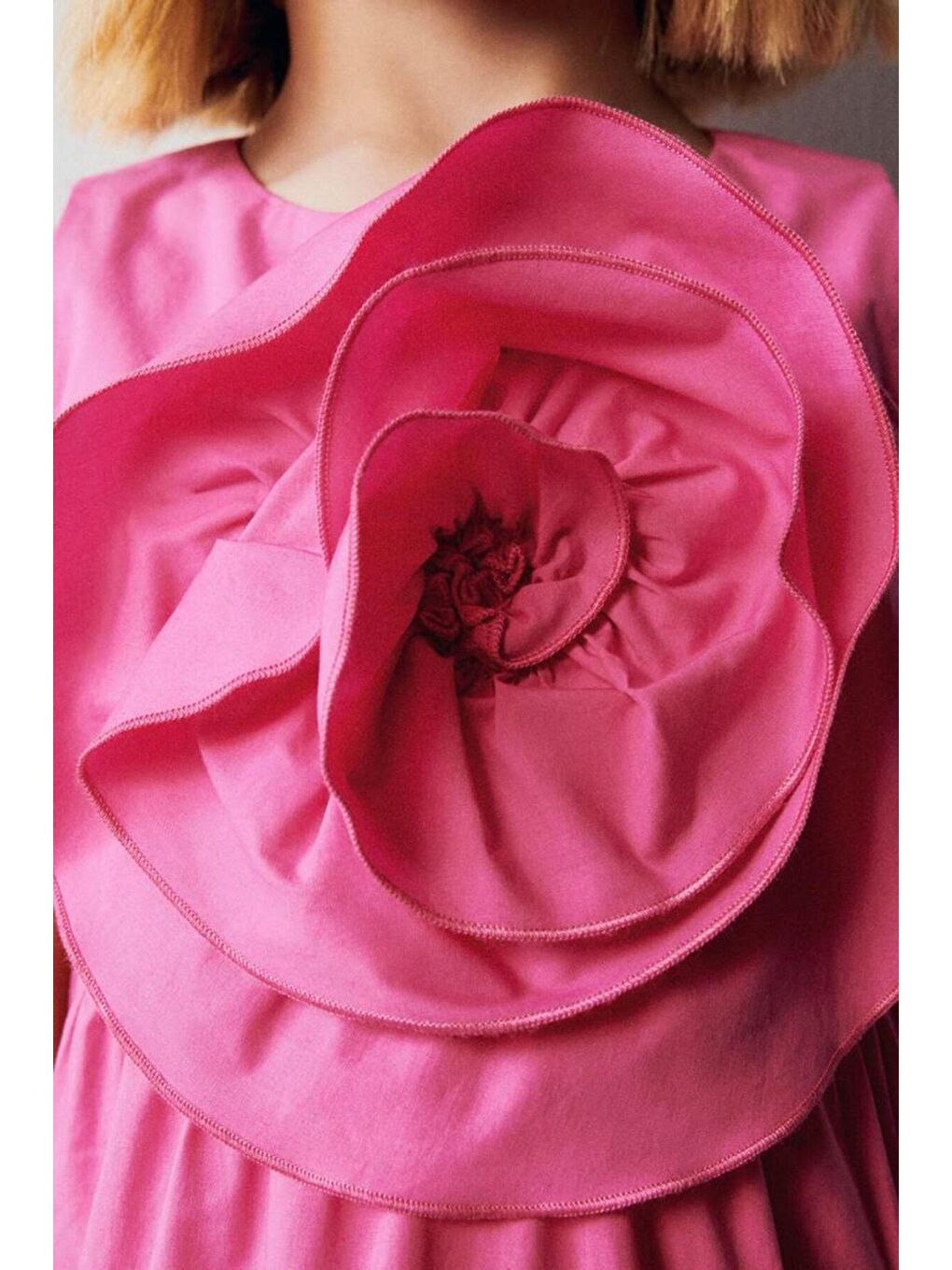 Kız Çocuk Pembe Çiçek Desenli Pamuklu Elbise-4