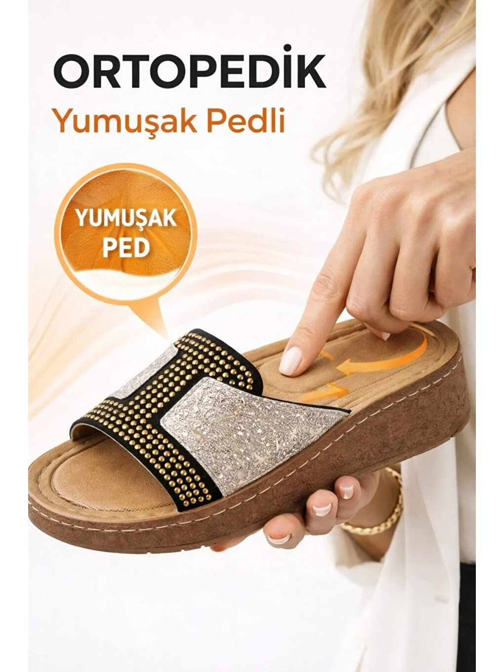 Sarı Taşlı Yumuşak Hafif Taban Önü Açık Günlük Anne Kadın Terlik-3