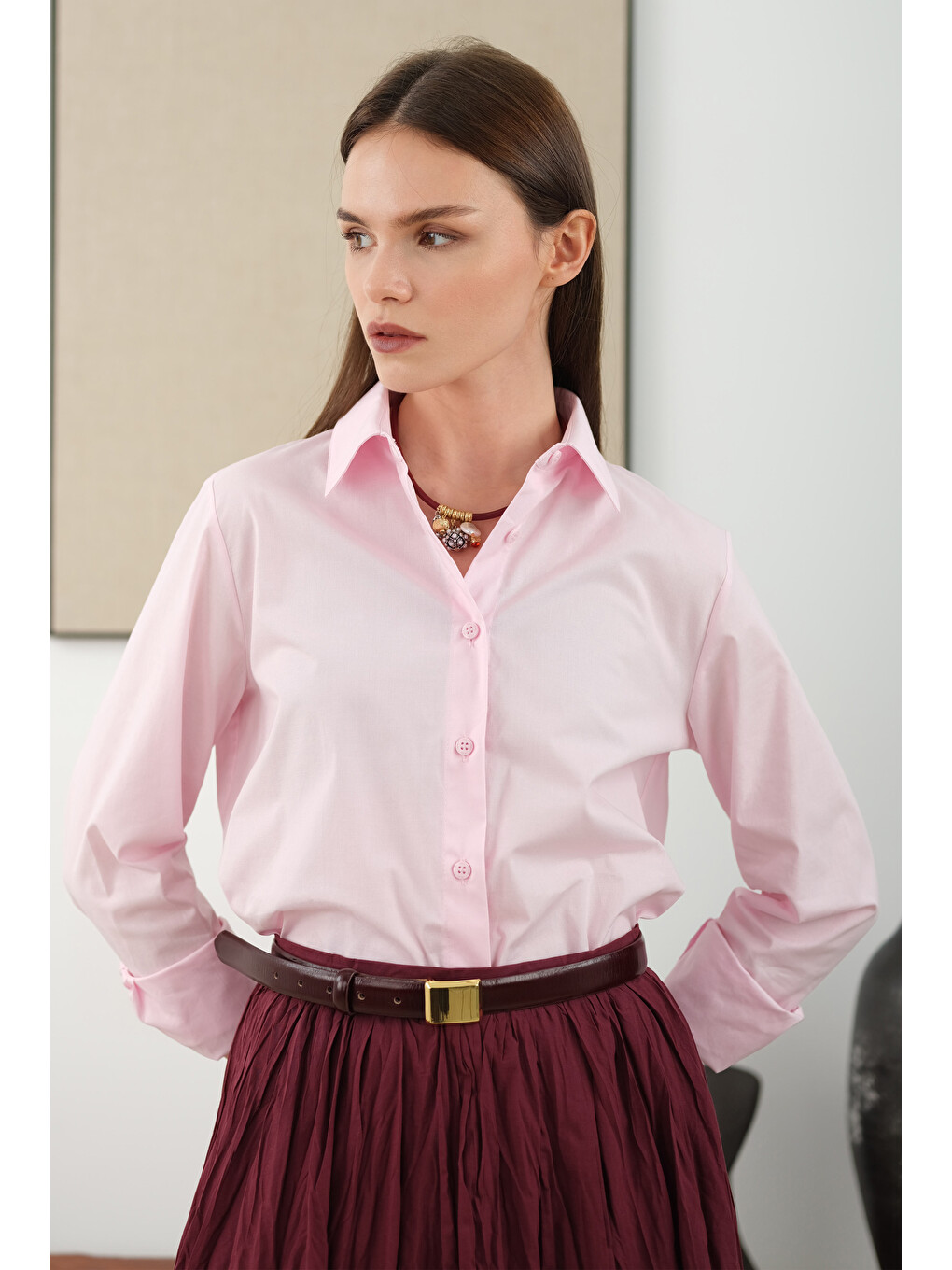 Kısa Fit Gömlek Toz Pembe