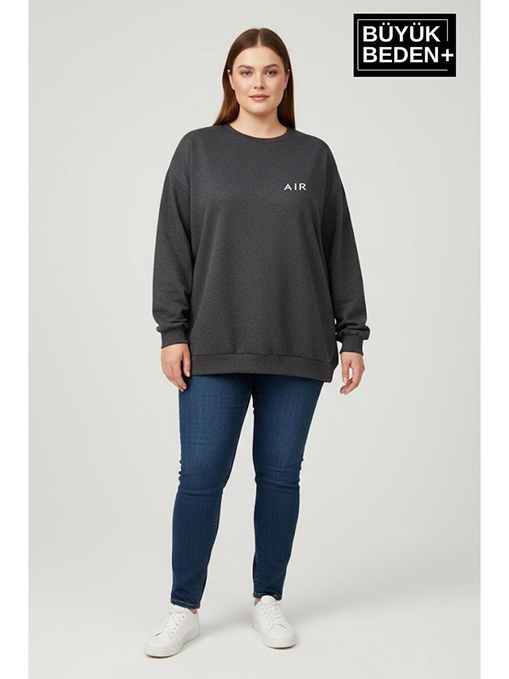 Antrasit Kadın Büyük Beden Ar Baskılı Yaka Kollar Etek Ribana Bisilet Yaka İnce Sweatshirt Spr26bswk956-1