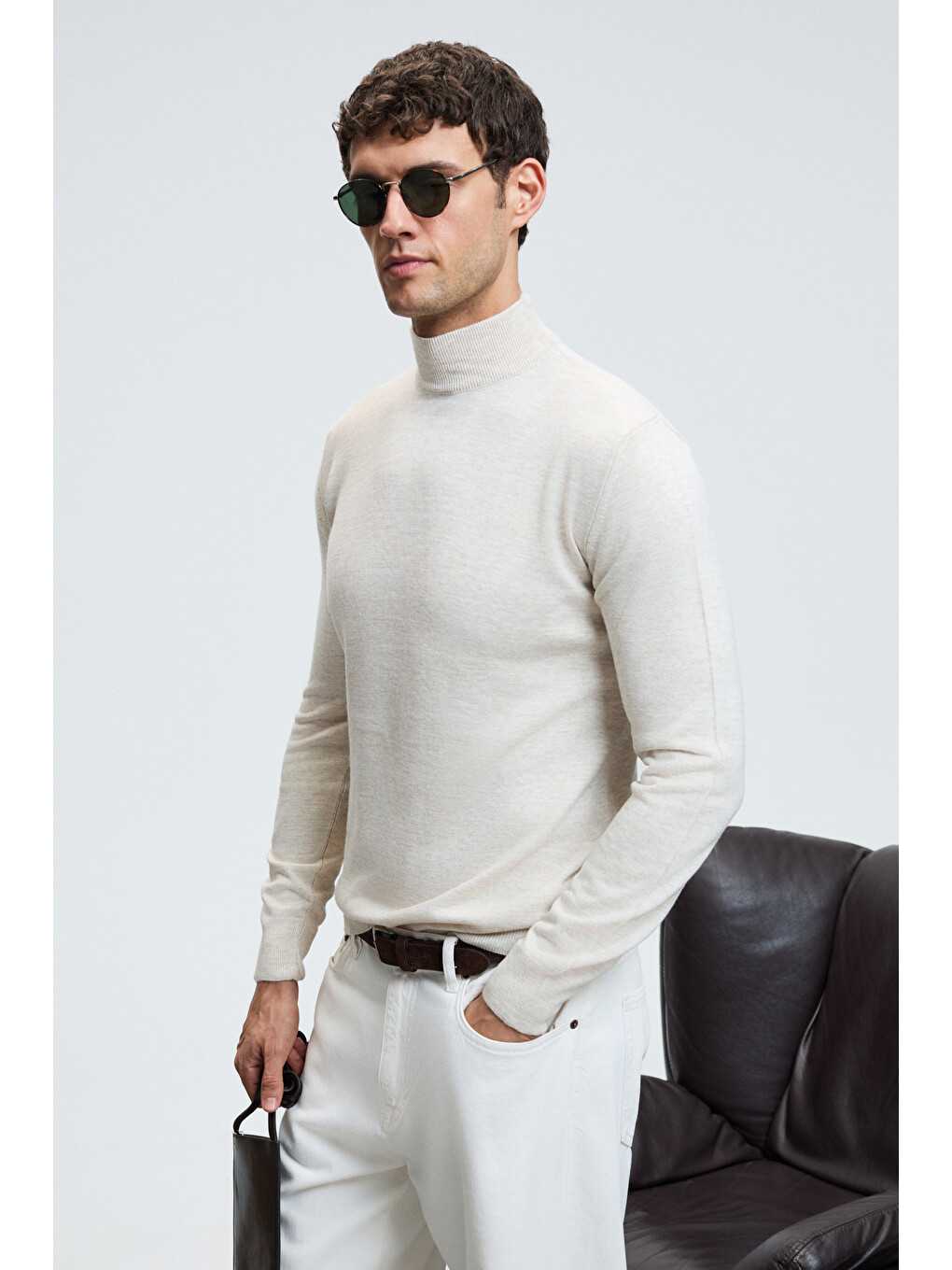 Rebel Erkek Yarım Balıkçı Yaka Basic Slim Fit Triko Bej Kazak-2