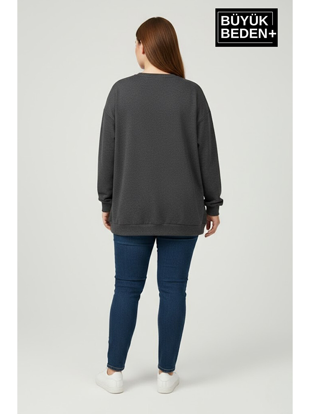 Antrasit Kadın Büyük Beden Ar Baskılı Yaka Kollar Etek Ribana Bisilet Yaka İnce Sweatshirt Spr26bswk956-1-2