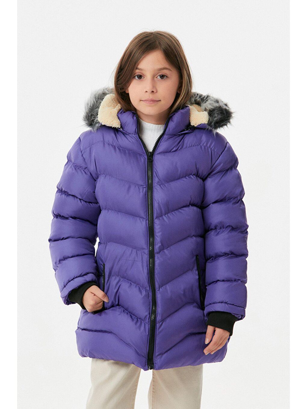 Mor Cebi Fermuarlı Kız Çocuk Şişme Mont-3