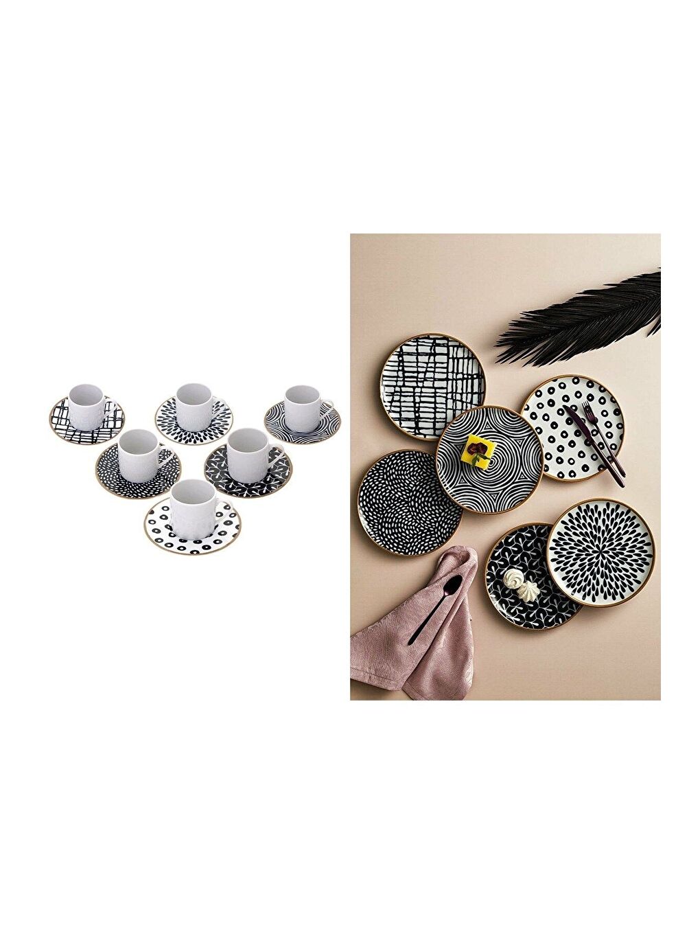 Siyah Fractal Yuvarlak Servis ve Kahve Fincan Takımı 6 Kişilik 18 Parça