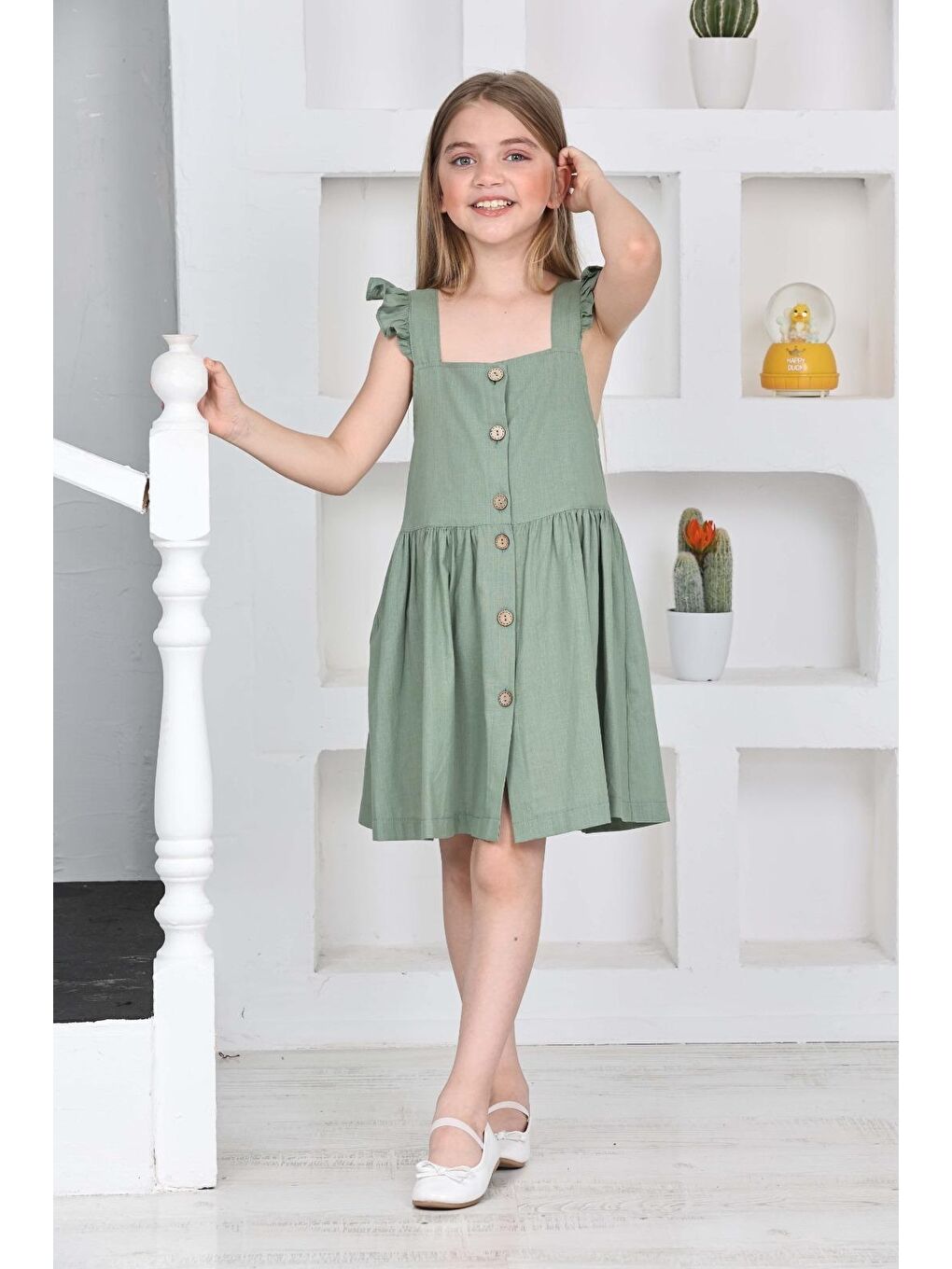 Yeşil Kız Çocuk %100 Pamuk Keten Elbise 12197
