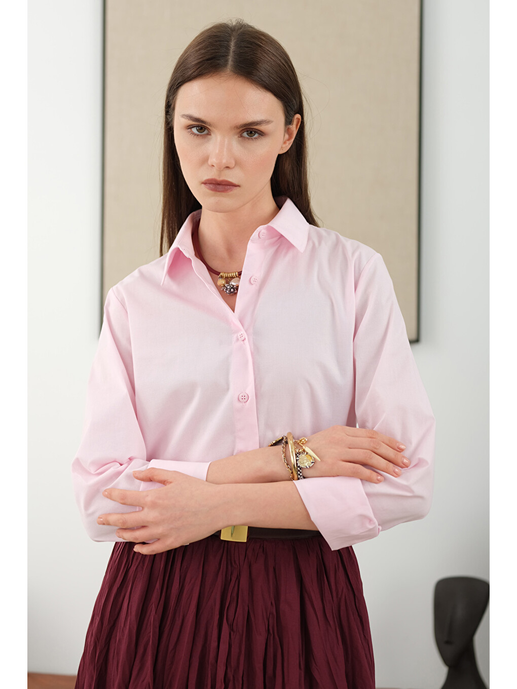 Kısa Fit Gömlek Toz Pembe-2