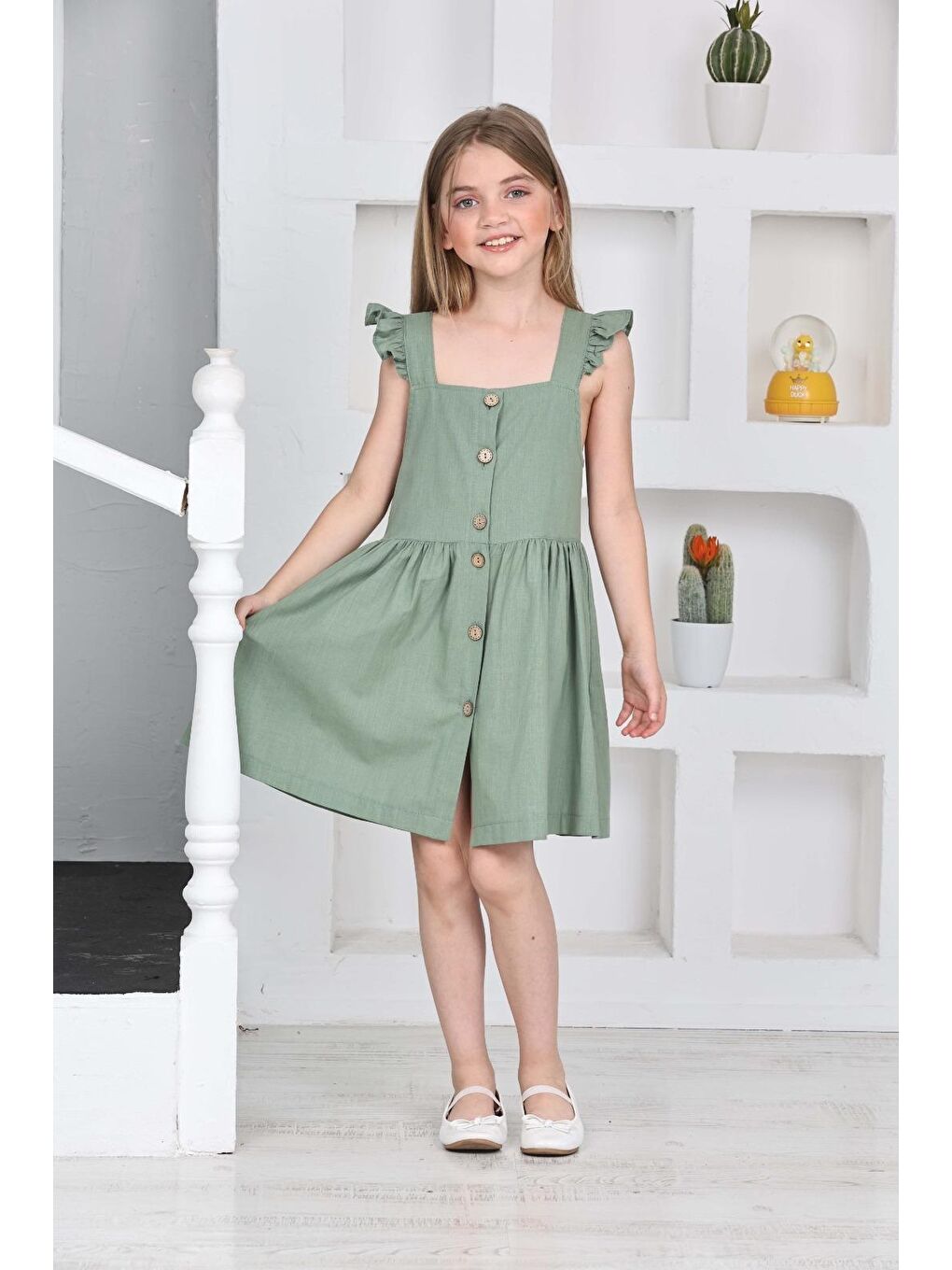 Yeşil Kız Çocuk %100 Pamuk Keten Elbise 12197-1